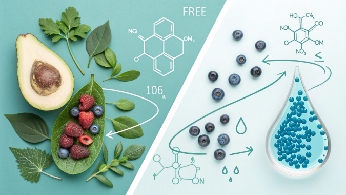 Ingredient-first supplement formulation showing raw ingredients and refined liquid drops