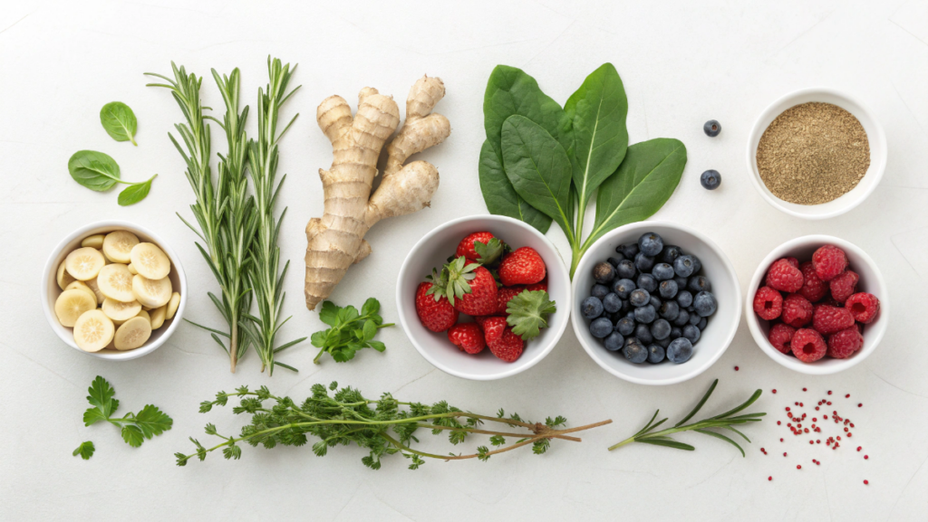Natural whole ingredients arranged neatly on a clean surface, herbs, roots, berries and leaves representing a healthier approach to weight management, soft daylight, calm educational mood, minimalist wellness photography style, natural colors, no people, no faces, no branding, NO TEXT, NO WORDS, NO LETTERS, no labels, no signs, clean composition, 16:9
